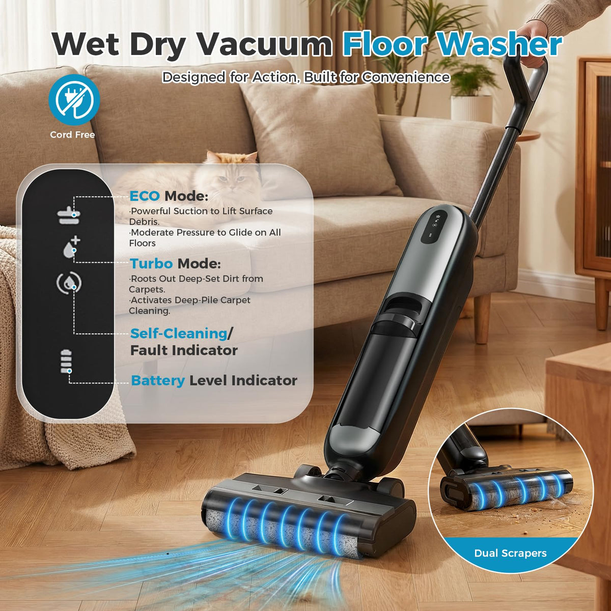OLIXIS cordless vacuum mop in use cleaning various floor types with ease.