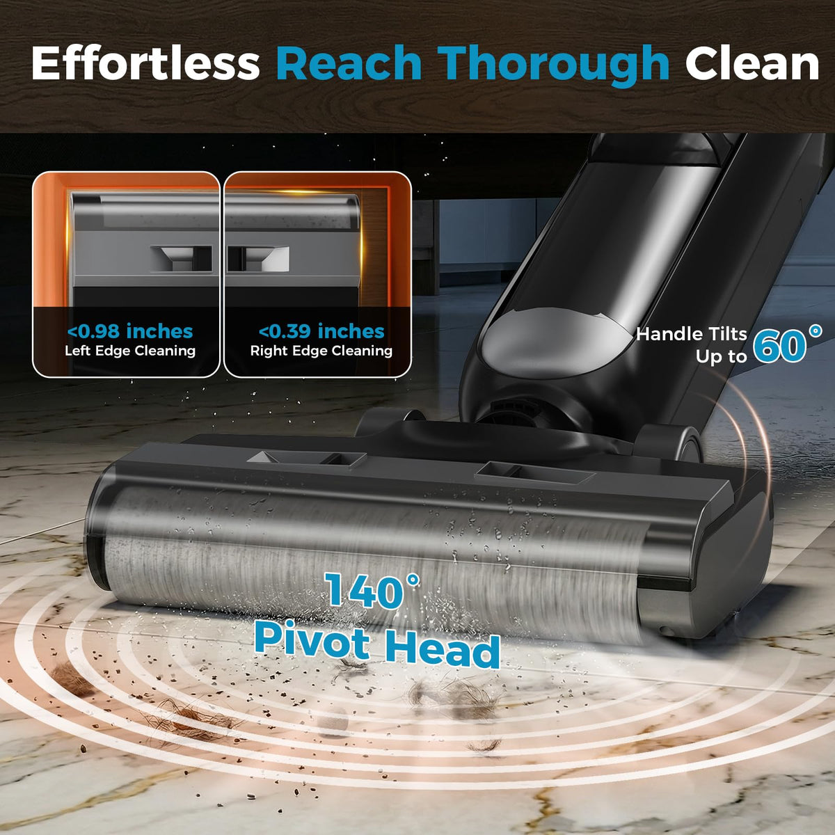 OLIXIS pivoting head at 140 degrees helps reach under furniture.