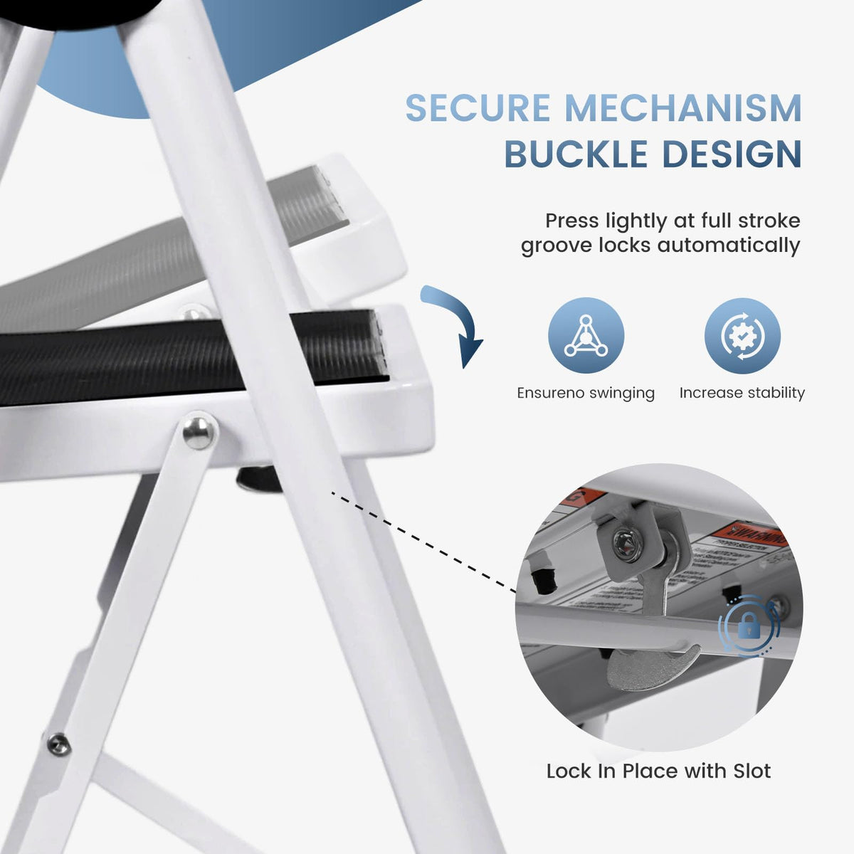 OLIXIS Step Ladder with wide anti-slip pedals provides secure footing.