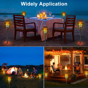 Ollivage outdoor torches illuminate patios while charging in sun.