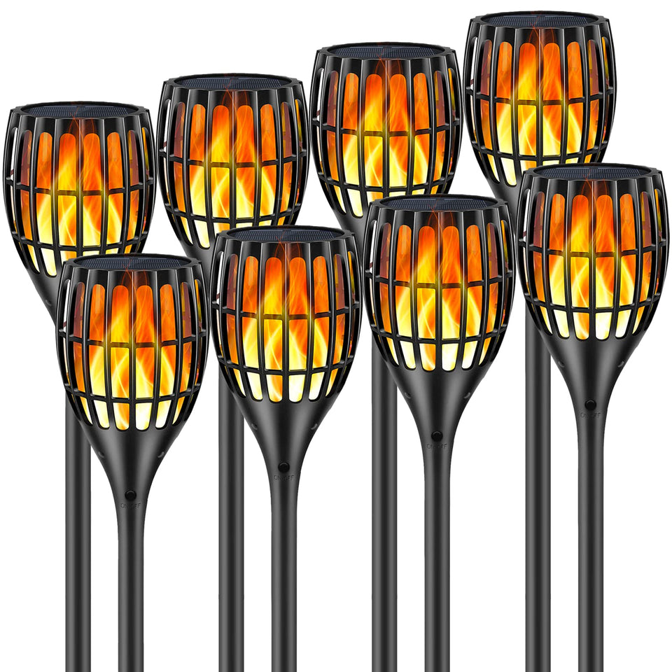 Ollivage solar torch light with dancing flame at 43 inches adds warm outdoor ambiance.