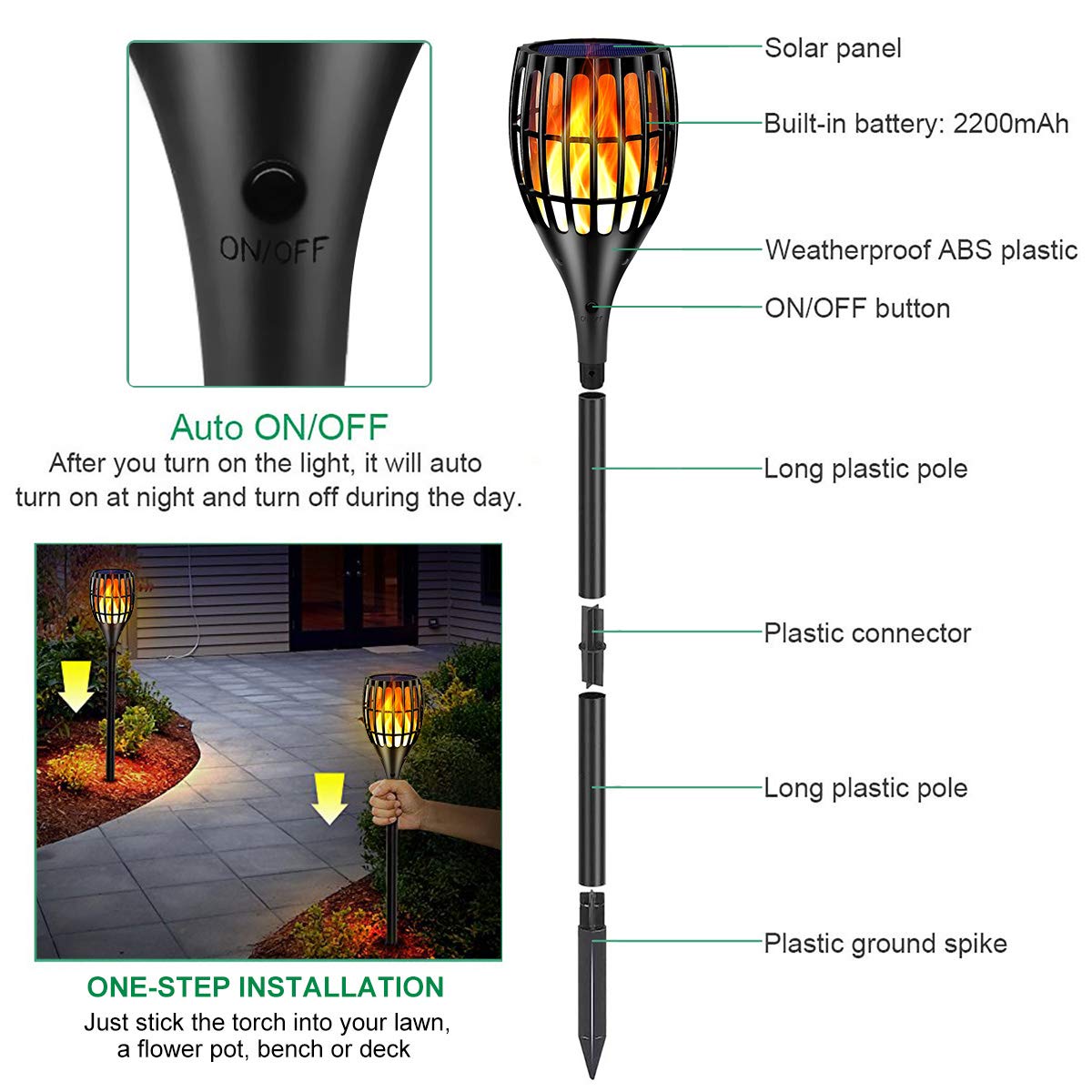 Ollivage solar torch along garden pathway provides safe path lighting.