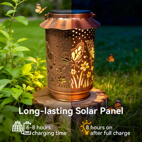 Ollny butterfly lantern lit at night creates cozy backyard ambiance.