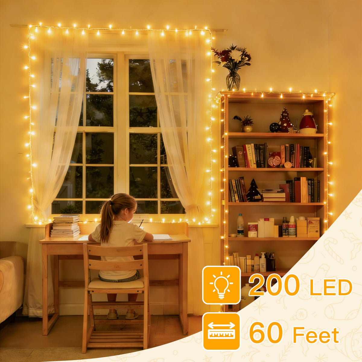 Ollny 200LED 60ft bedroom ambience with warm white glow