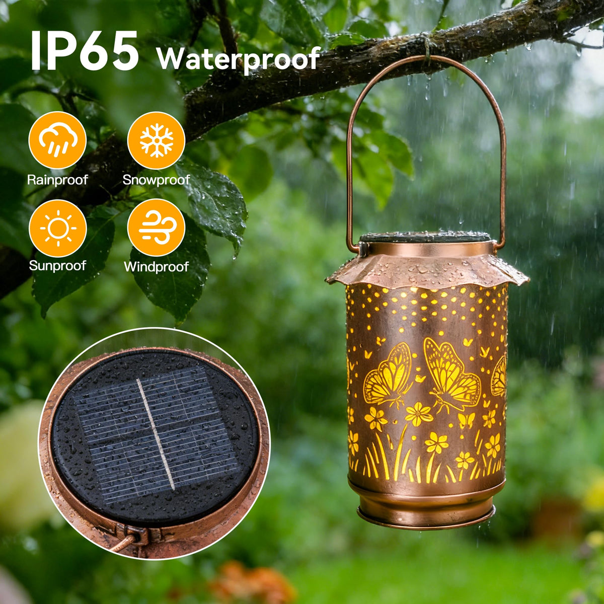 Ollny IP65 waterproof lantern withstands rain for year-round outdoor use.