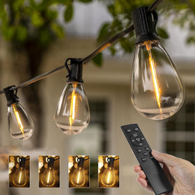 Ollny S11 outdoor string lights laid out for a 30 ft setup, creating warm patio ambience.