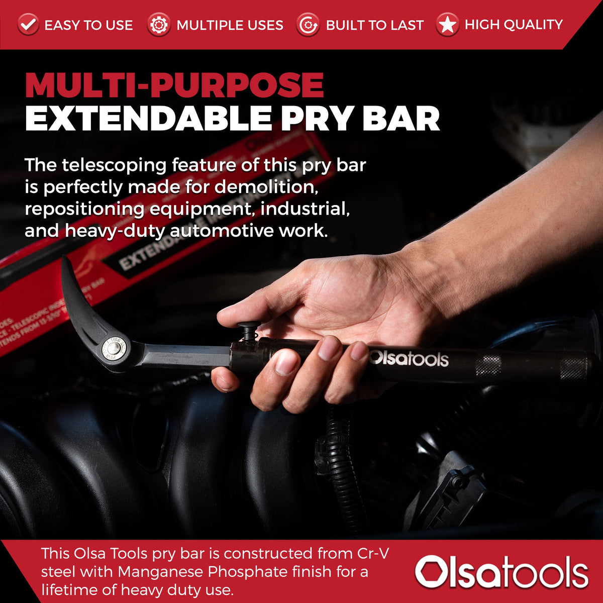 Olsa Tools pry bar with ergonomic grip for comfortable extended use.
