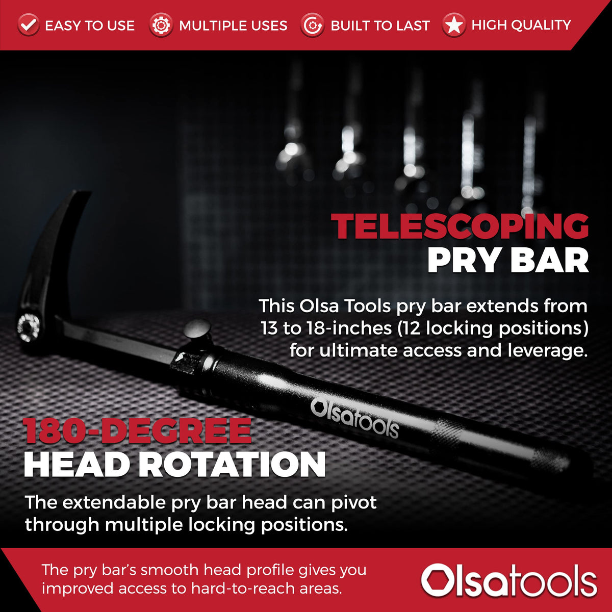 Olsa Tools adjustable pry bar extended from 13.3 to 18.5 inches in action.