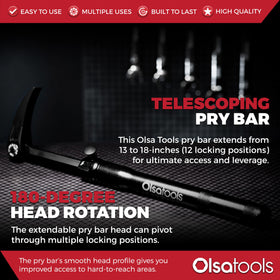 Olsa Tools adjustable pry bar extended from 13.3 to 18.5 inches in action.
