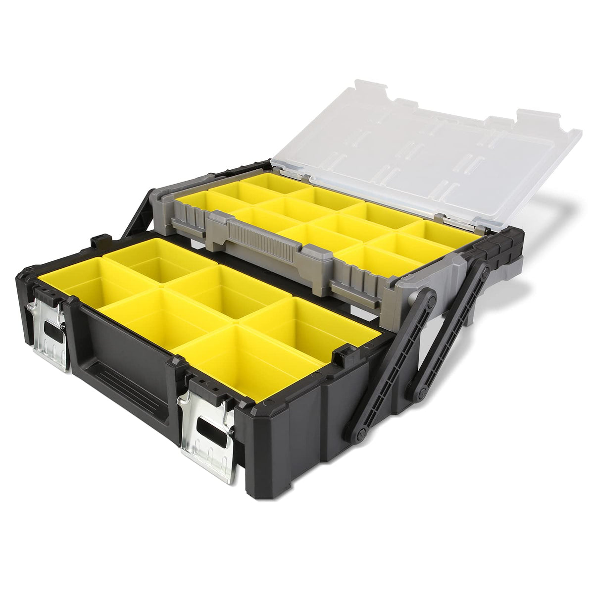 Olympia Tools 18-inch cantilever box shows lift-and-lower trays for easy access