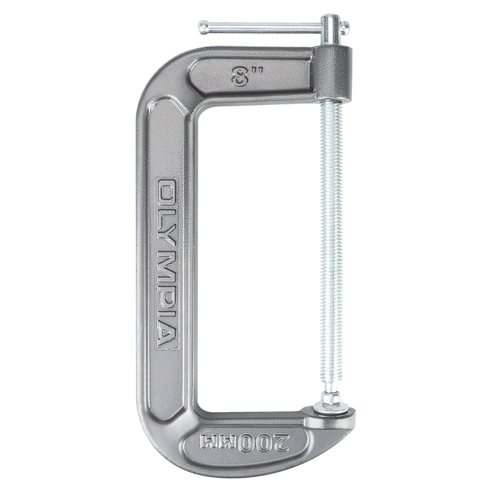 Olympia Tools 8x4 C-Clamp front view shows sturdy steel build for precise clamping.