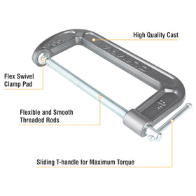 Olympia Tools C-Clamp swivel saddle action aids smooth adjustment.