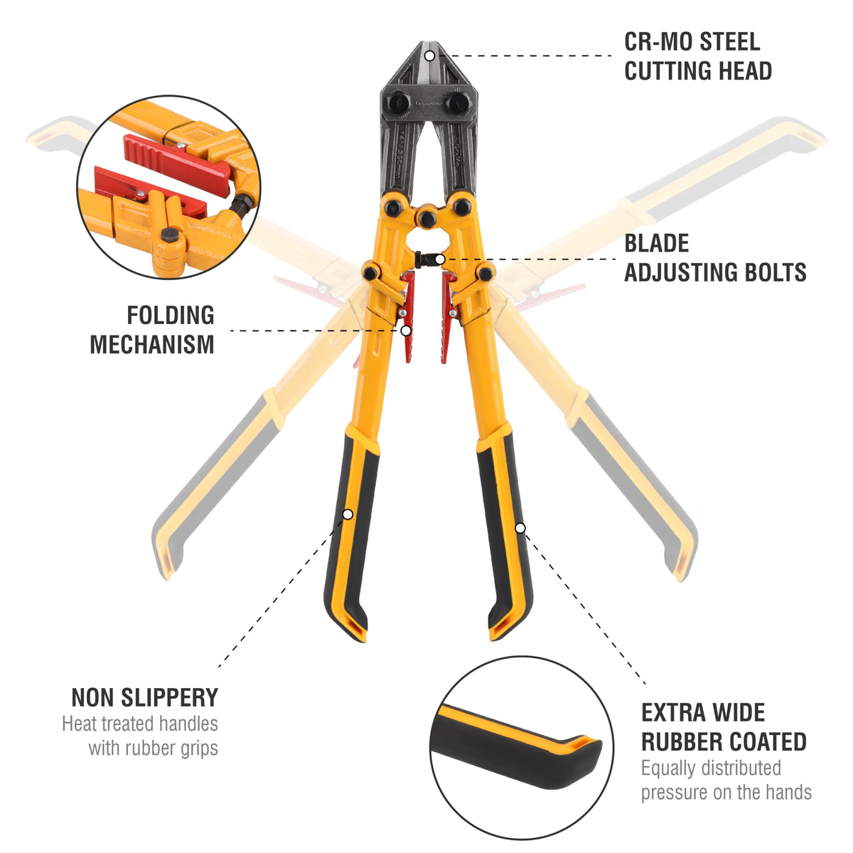 Olympia Tools Power Grip bolt cutter with CR-MO cutting head delivers durable cutting power.