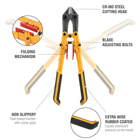 Olympia Tools Power Grip bolt cutter with CR-MO cutting head delivers durable cutting power.