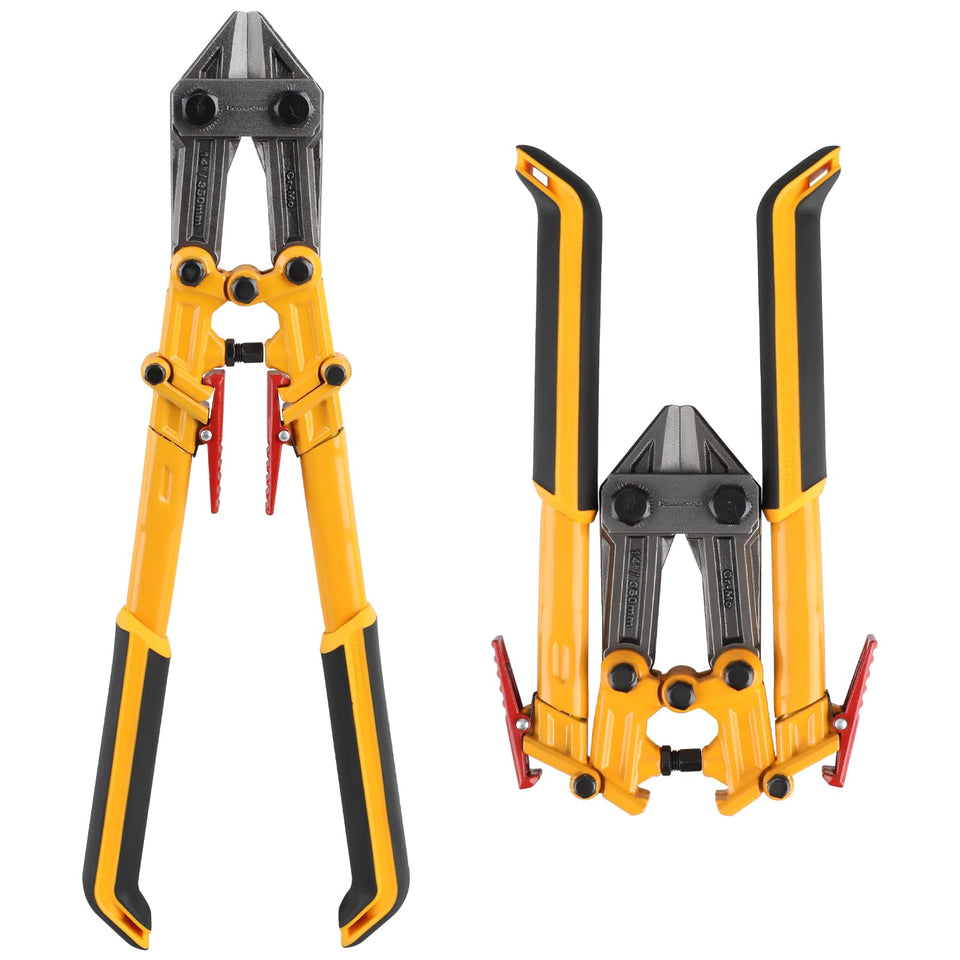 Olympia Tools Power Grip bolt cutter with folding handles in closed position for on-the-go use.