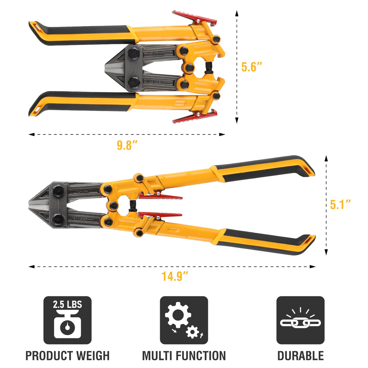Olympia Tools Power Grip bolt cutter, folding handles extended for leverage and comfort.