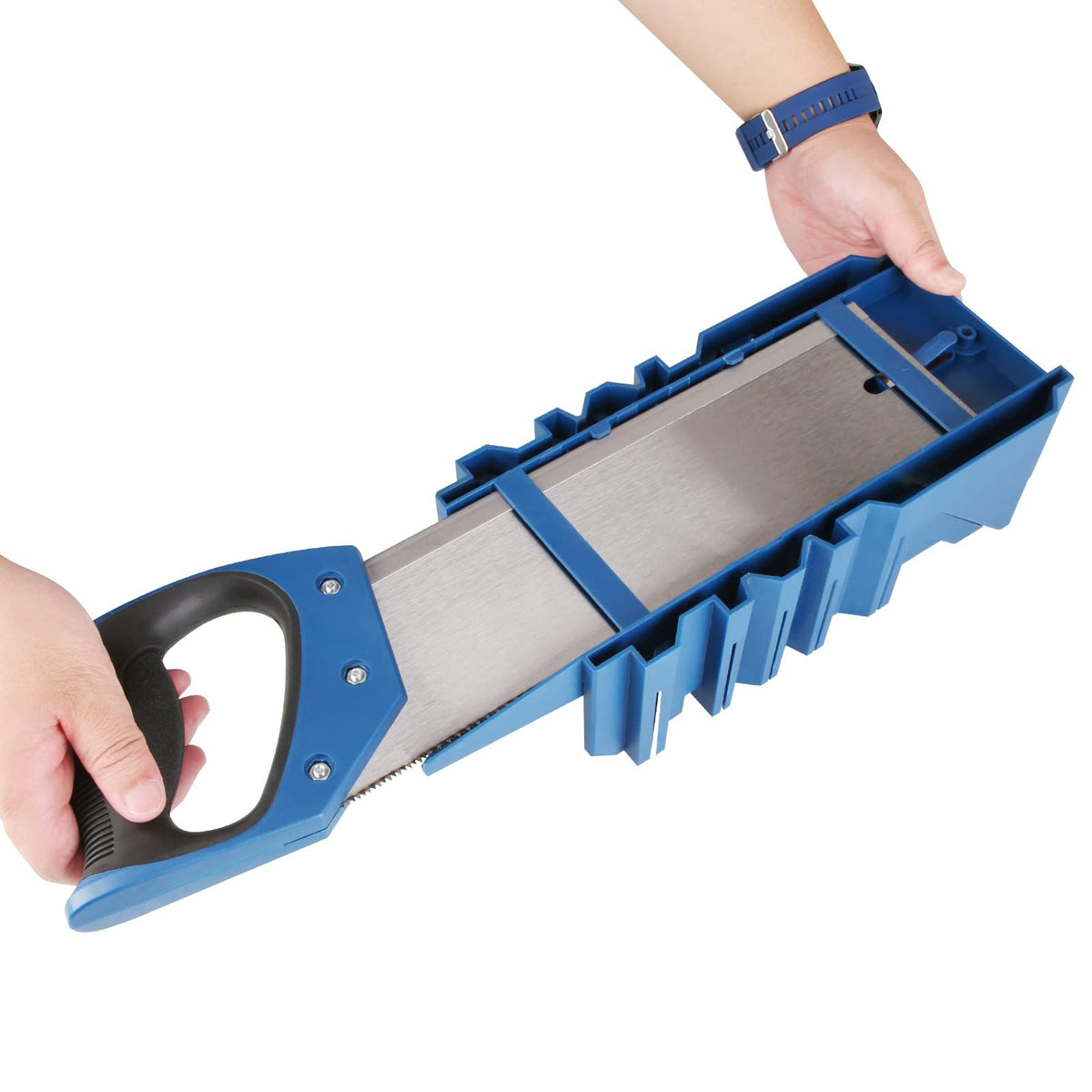 Olympia Tools mitre box open showing built-in saw storage