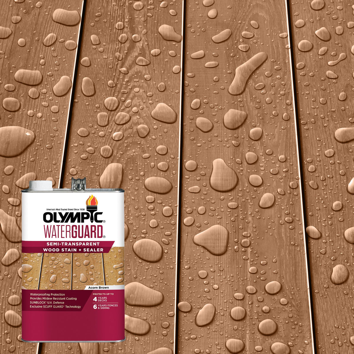 OLYMPIC WaterGuard Acorn Brown swatch highlights natural grain visibility
