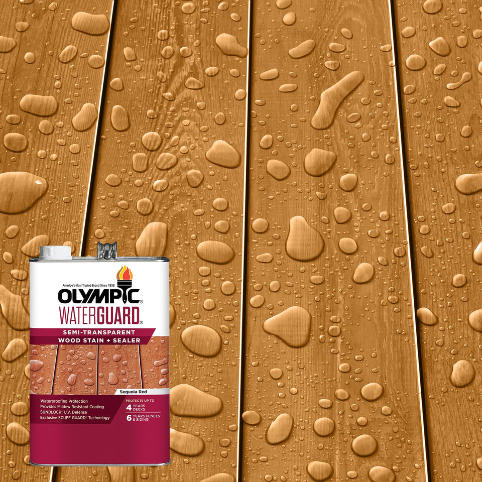 OLYMPIC WaterGuard Sequoia Red bottle for easy outdoor stain and sealant