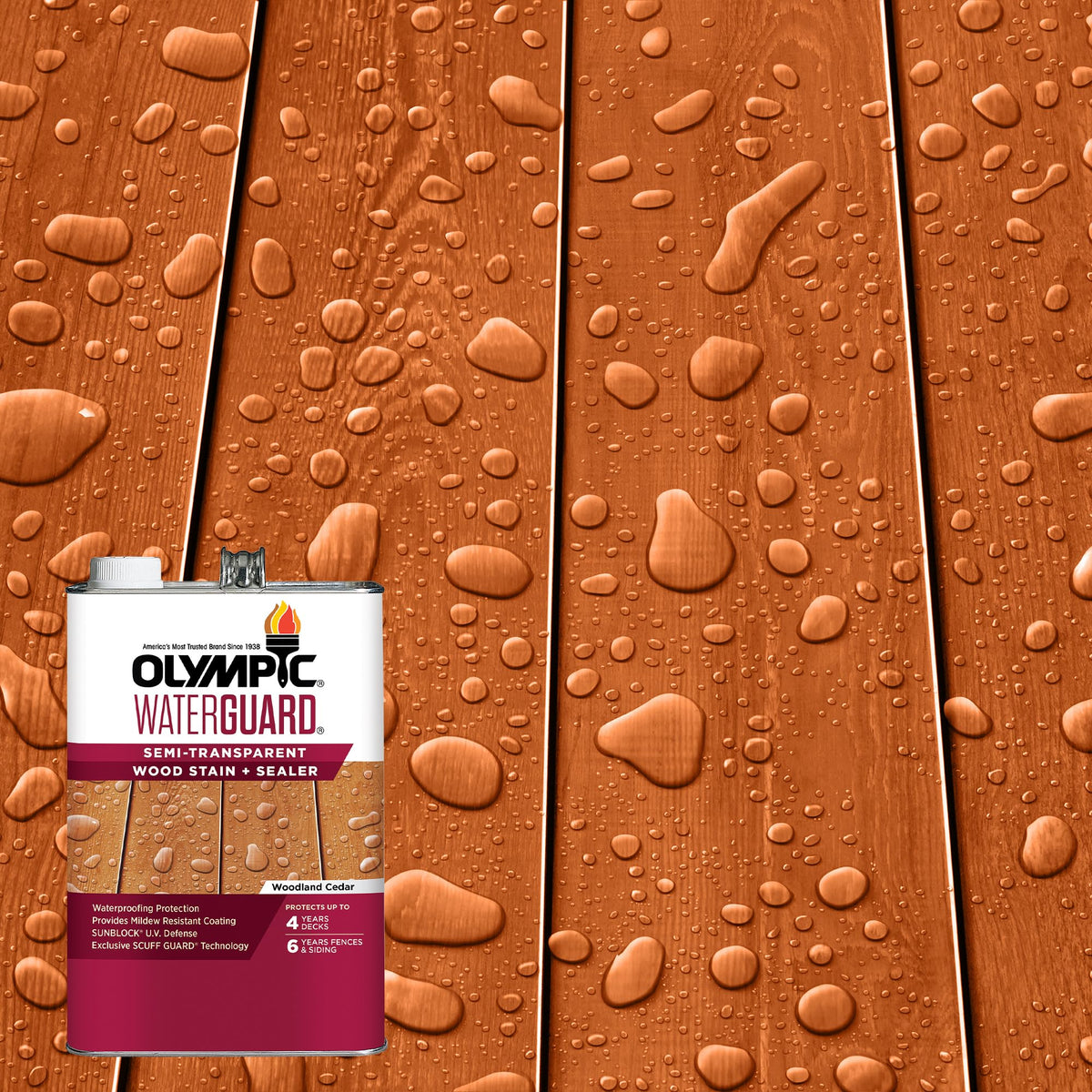 OLYMPIC WaterGuard cedar stain bottle showing ready-to-use outdoor wood protection