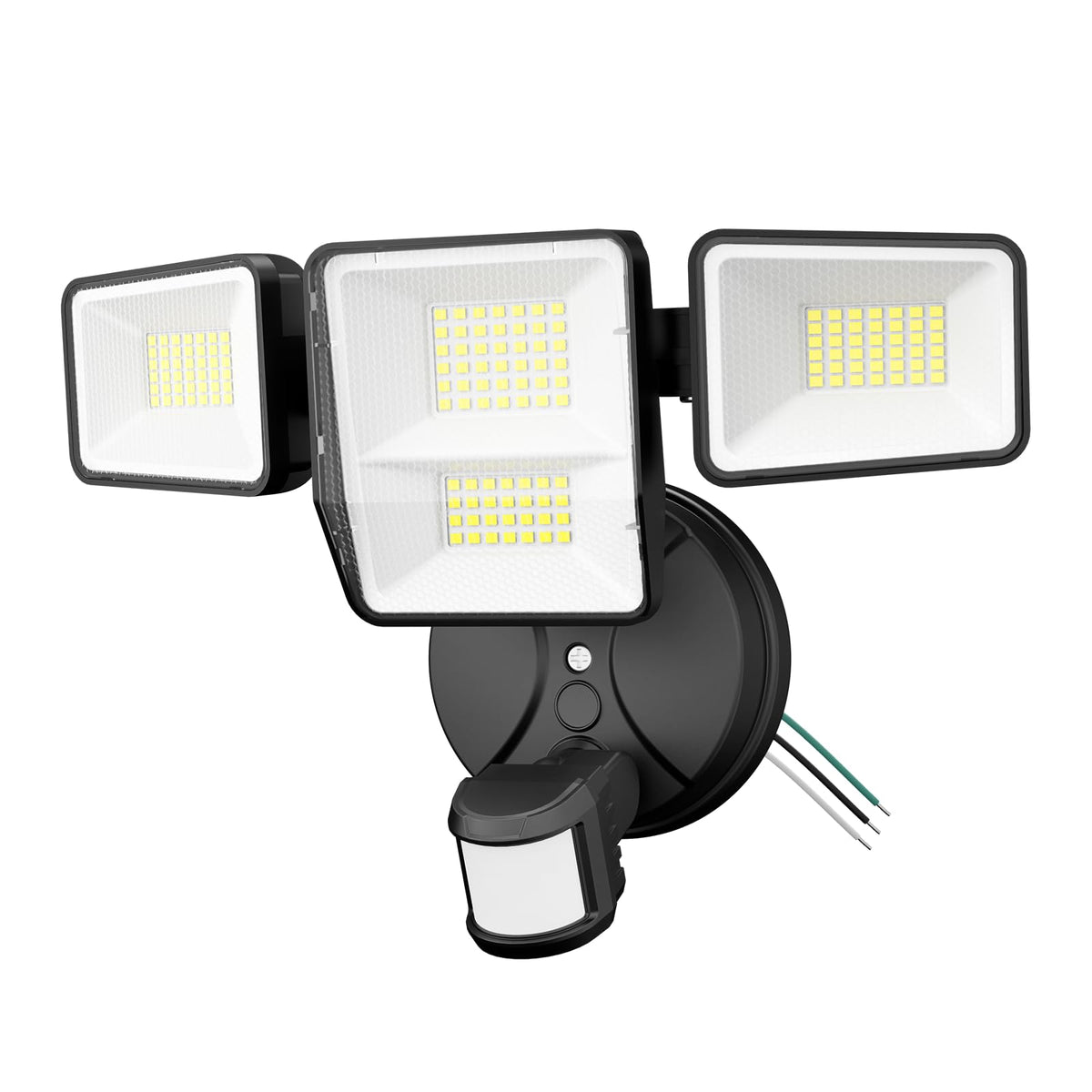 Omibee 70W LED security light front view with four heads and wide exterior coverage.