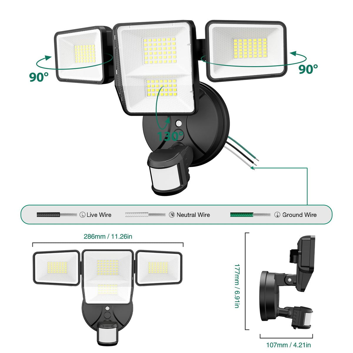 Omibee 70W LED security light in motion sensor mode detecting activity up to 72 ft.