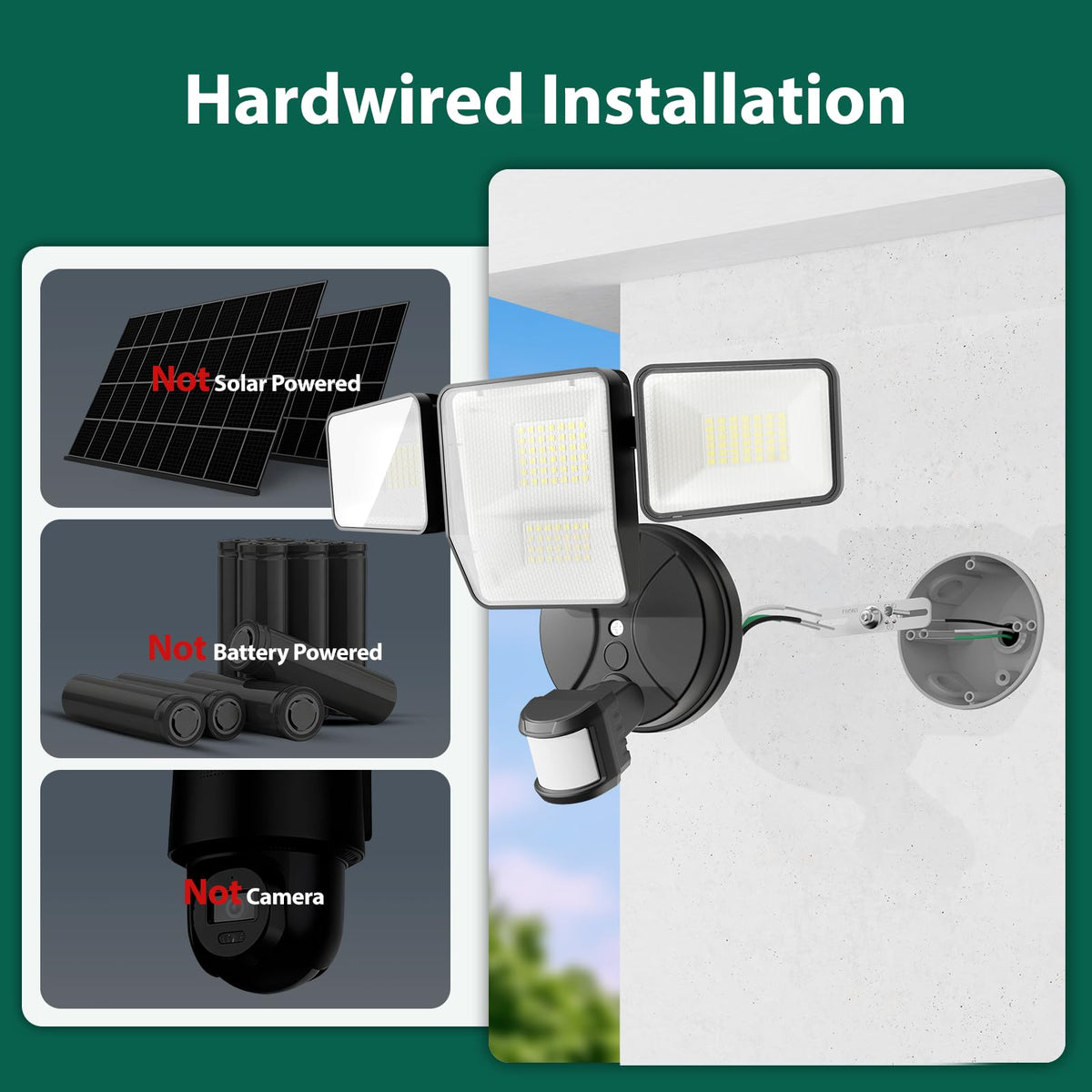 Omibee 70W LED security light showing wide-angle coverage for garage and driveway.
