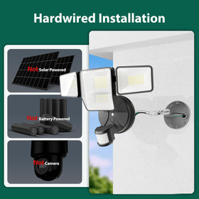 Omibee 70W LED security light showing wide-angle coverage for garage and driveway.