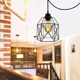 OmiSun black cage pendant hanging overhead, showcasing industrial frame.