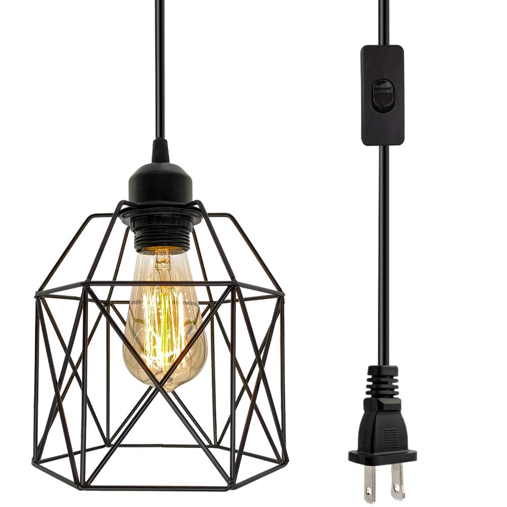 OmiSun industrial black cage pendant light, front view showing geometric design for kitchen ambiance.