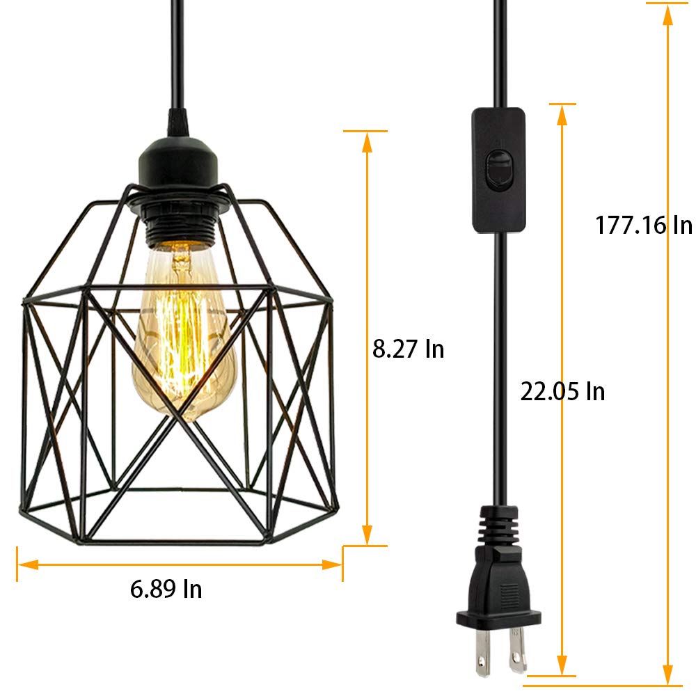 OmiSun black cage pendant light, side view highlighting hanging profile and form.