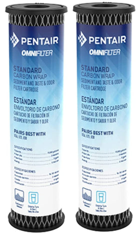 OMNIFilter TO1 10-inch carbon water filter close-up showing carbon media for odor reduction.