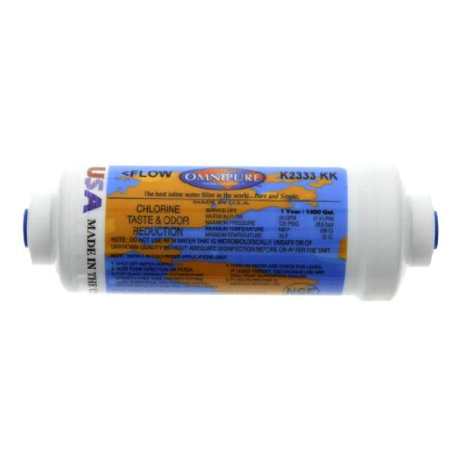 Omnipure K2333-KK inline GAC filter with quick-connect reduces chlorine for cleaner-tasting water.