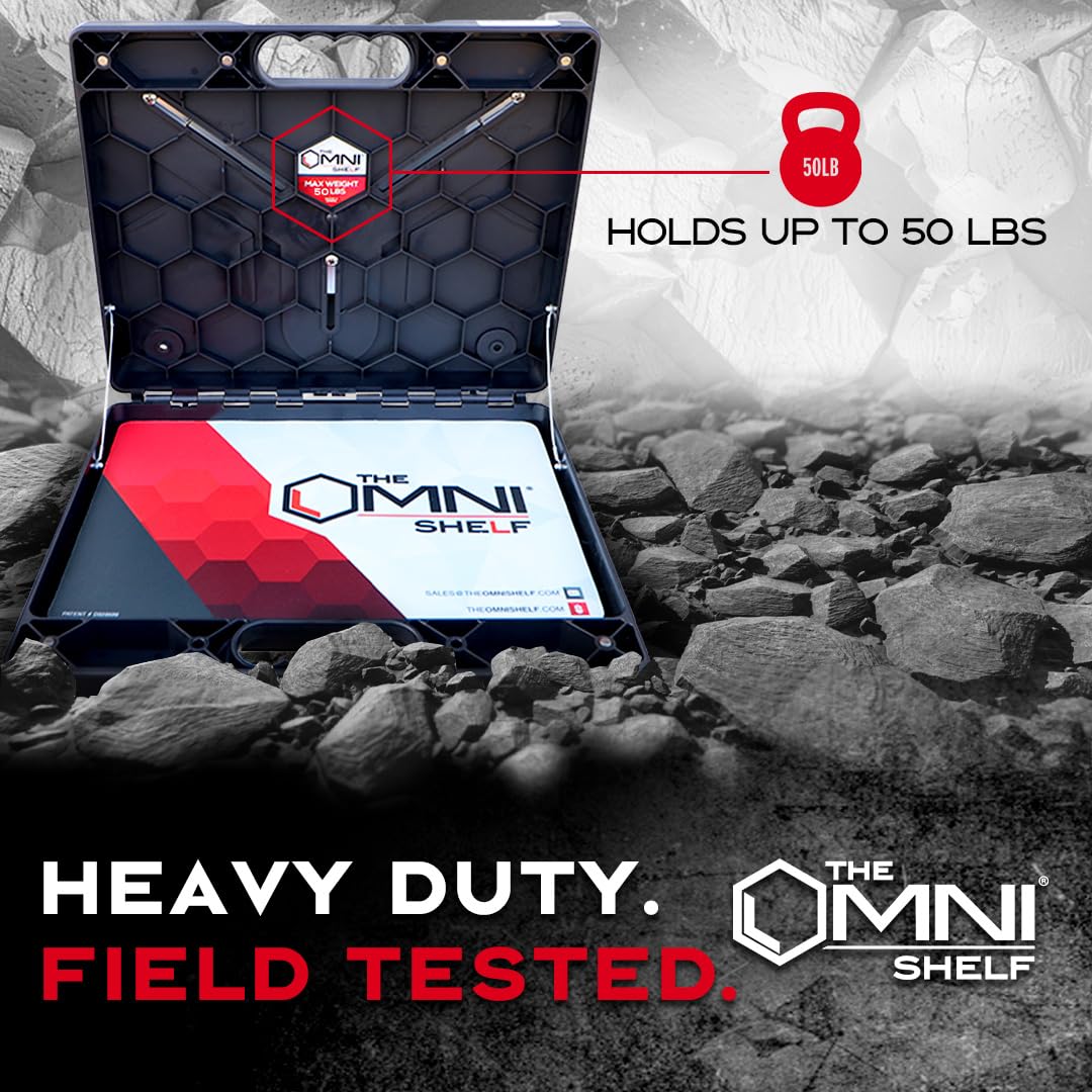 The OmniShelf attached to a truck via magnets for secure, mobile use.