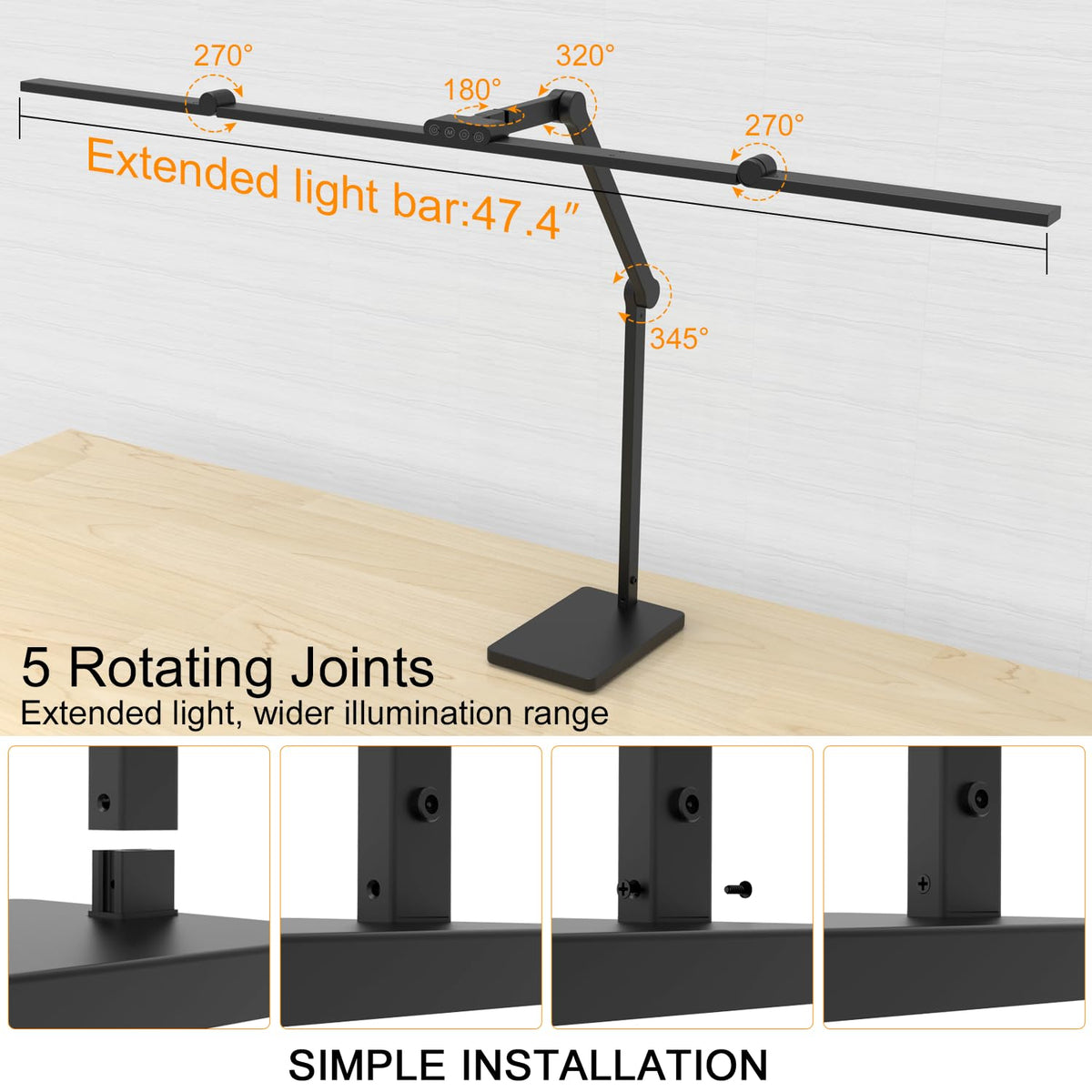 Omorepa lamp head rotates 180 degrees for flexible task lighting.
