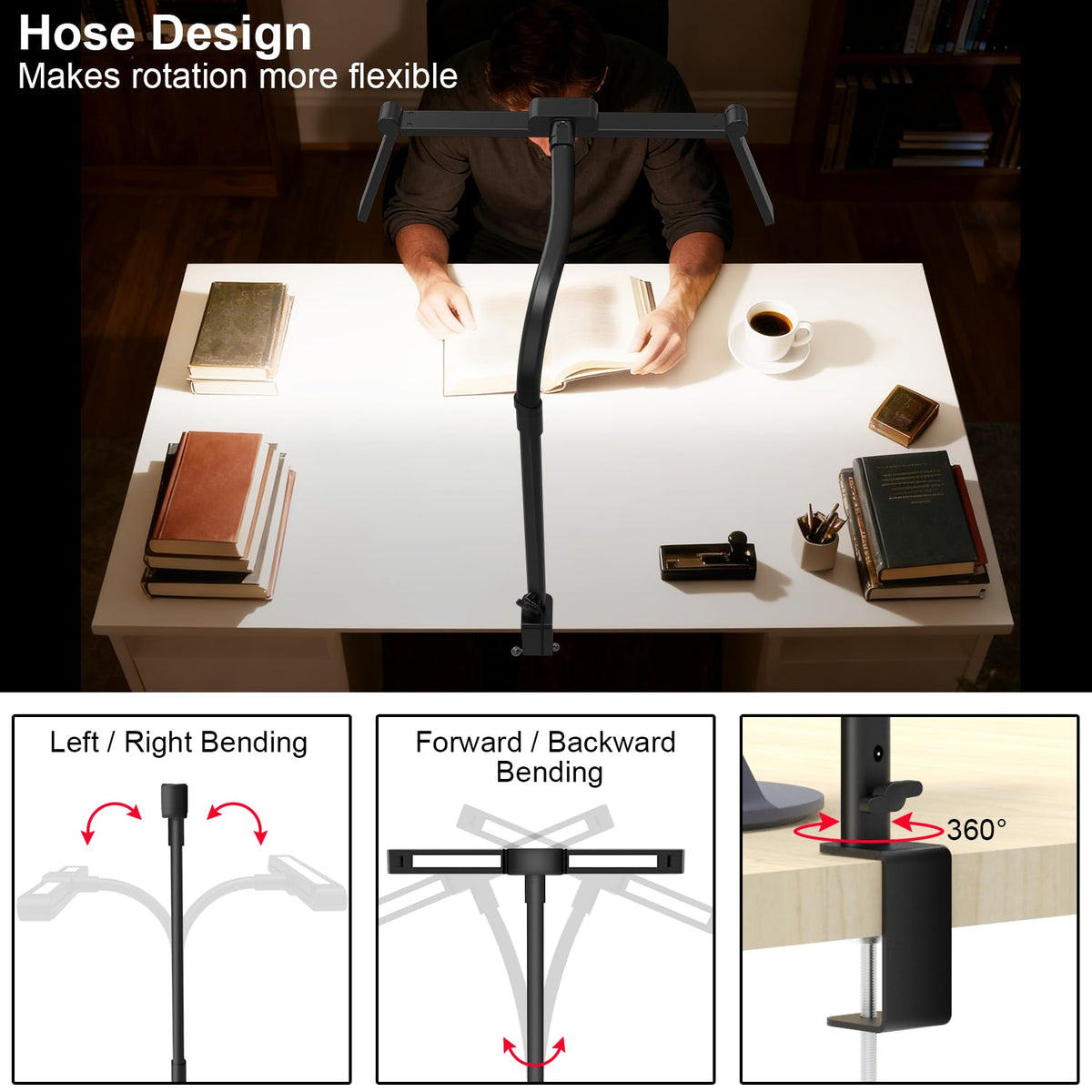 Omorepa clip-on mount enables secure placement on slim desks.