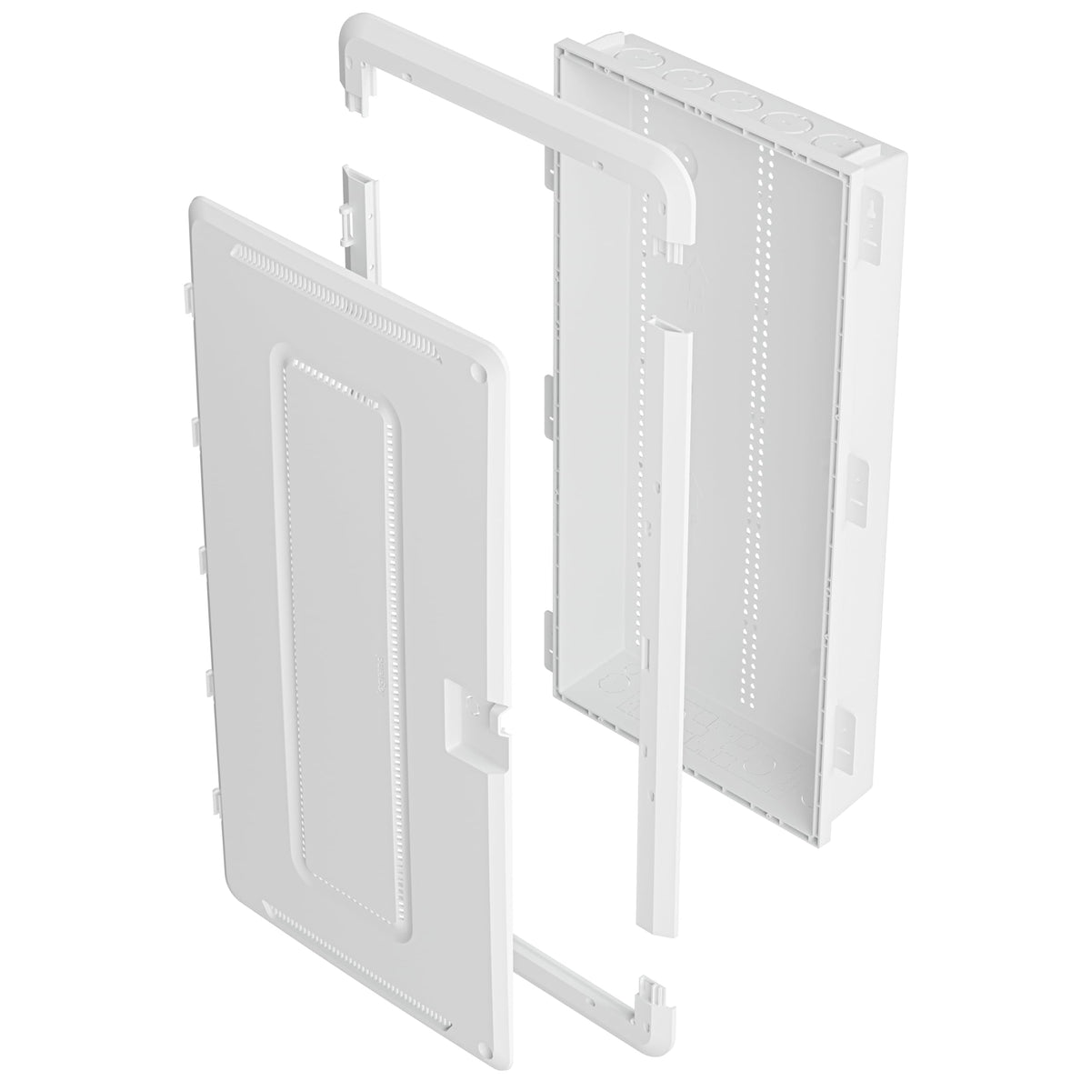 On-Q enclosure door open showing router and modem placement inside.