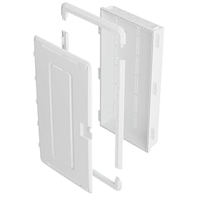 On-Q enclosure door open showing router and modem placement inside.
