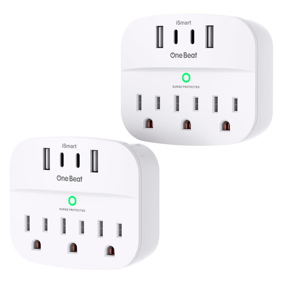 One Beat 2-pack outlet extender with USB ports, front view, ideal for desk charging.