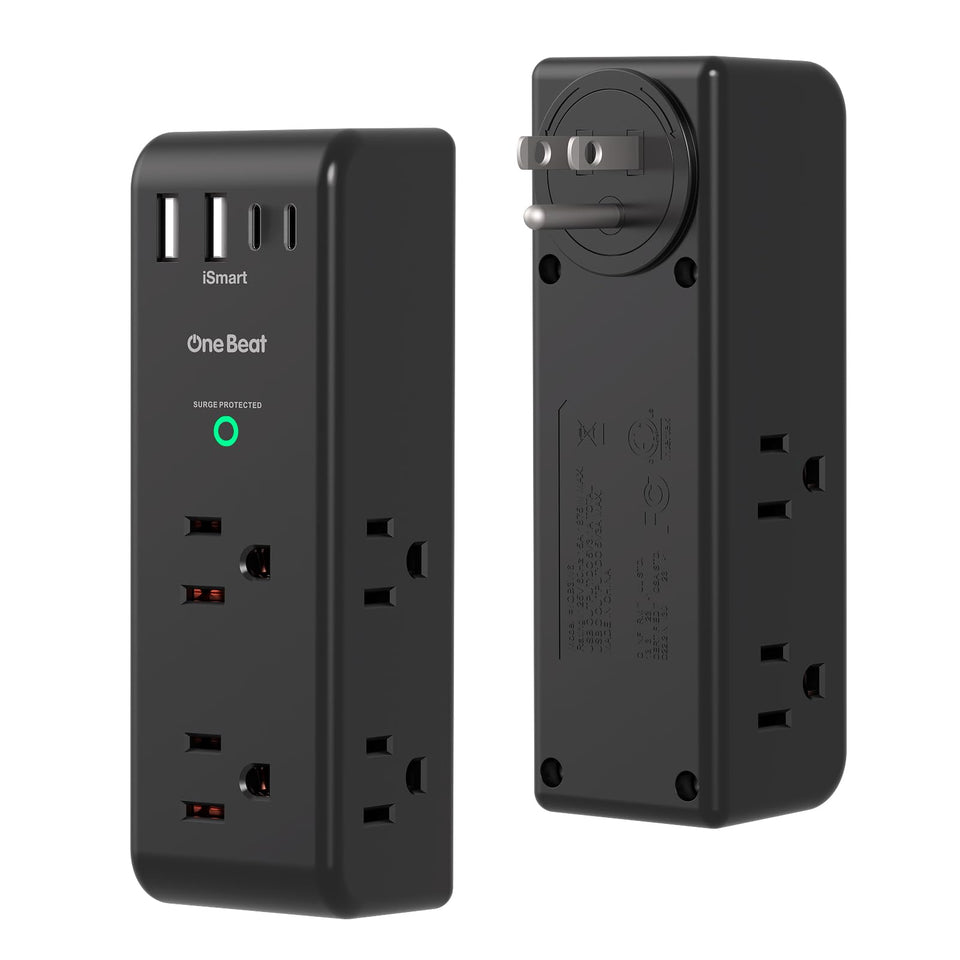 One Beat surge protector with rotating plug enables flexible placement for any setup.