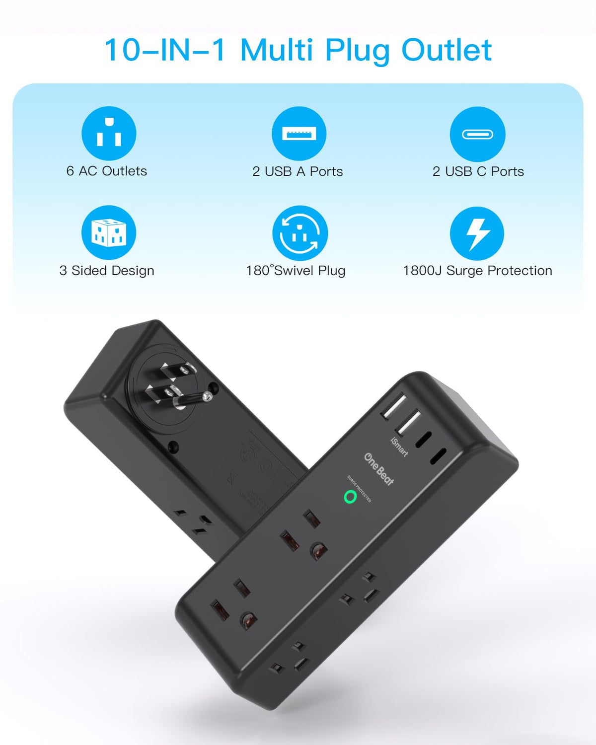 One Beat surge protector three-sided outlets fit large adapters without crowding