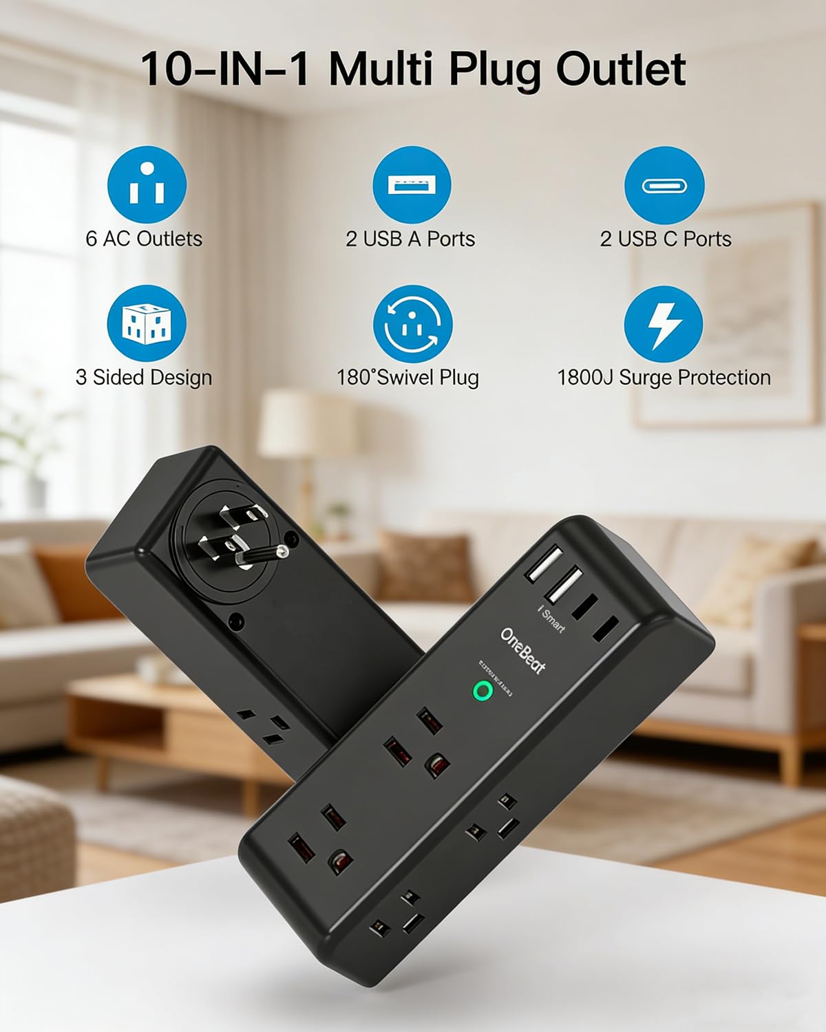 One Beat surge protector three-sided swivel saves space in tight setups.