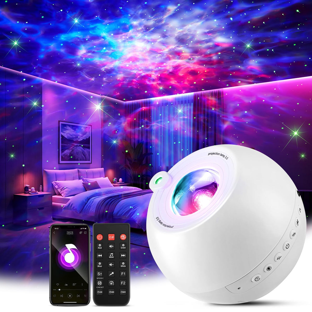 One Fire 360 Lights Galaxy Projector ceiling view showing immersive starry sky for bedroom ambiance