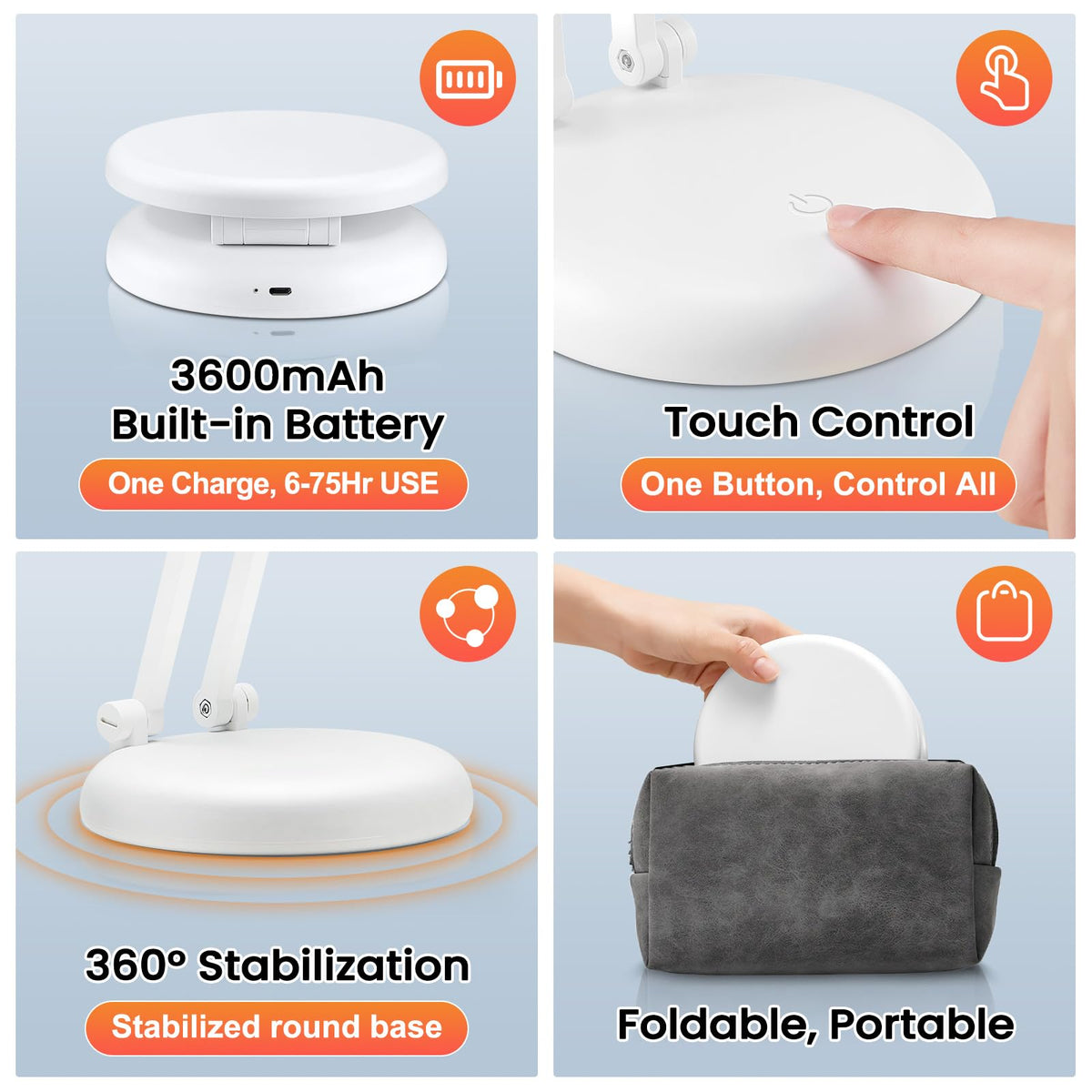 One Fire portable battery lamp ideal for dorm rooms and desks with no wires.