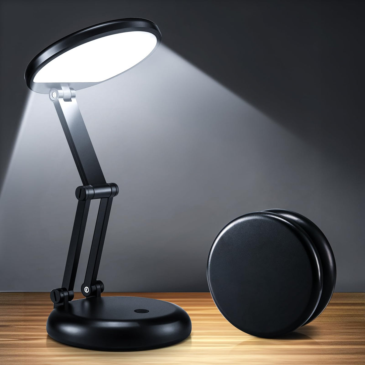 One Fire battery-operated lamp folded for dorm storage, highly portable.