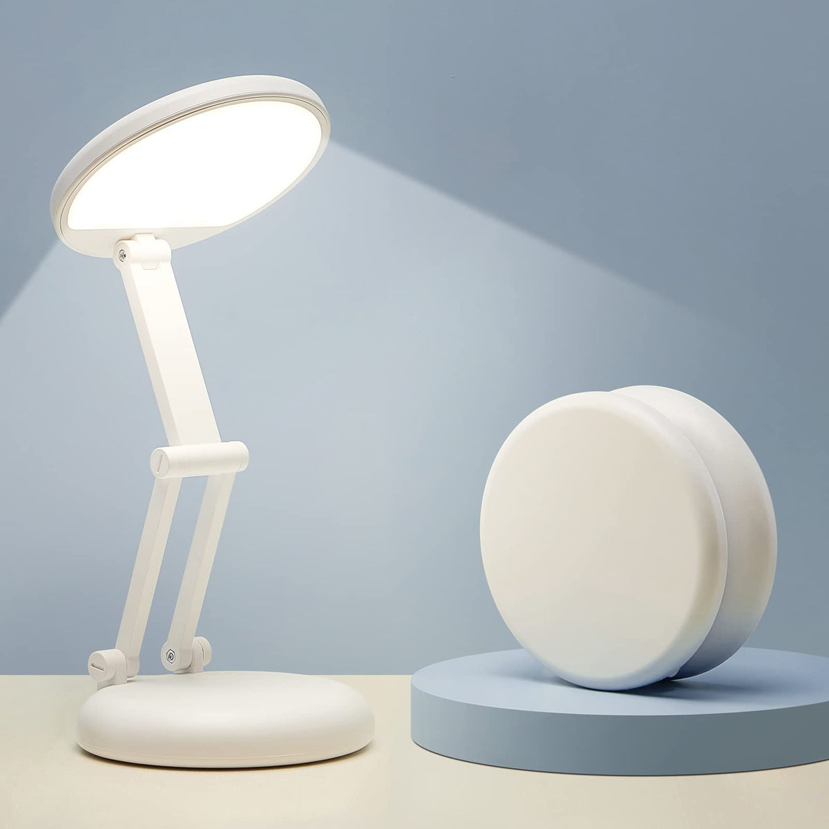 One Fire cordless desk lamp folded cookie demonstrates compact portability for travel and dorm use.