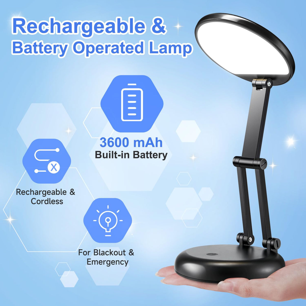 One Fire cordless desk lamp in a portable setup ideal for small spaces.