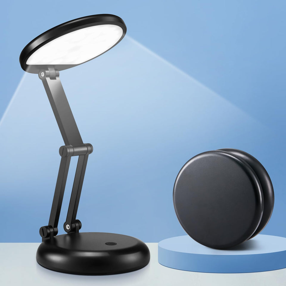 One Fire compact foldable desk lamp folded into a cookie form for easy transport.