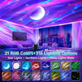 One Fire galaxy light projector fills the room with stars and moon patterns.