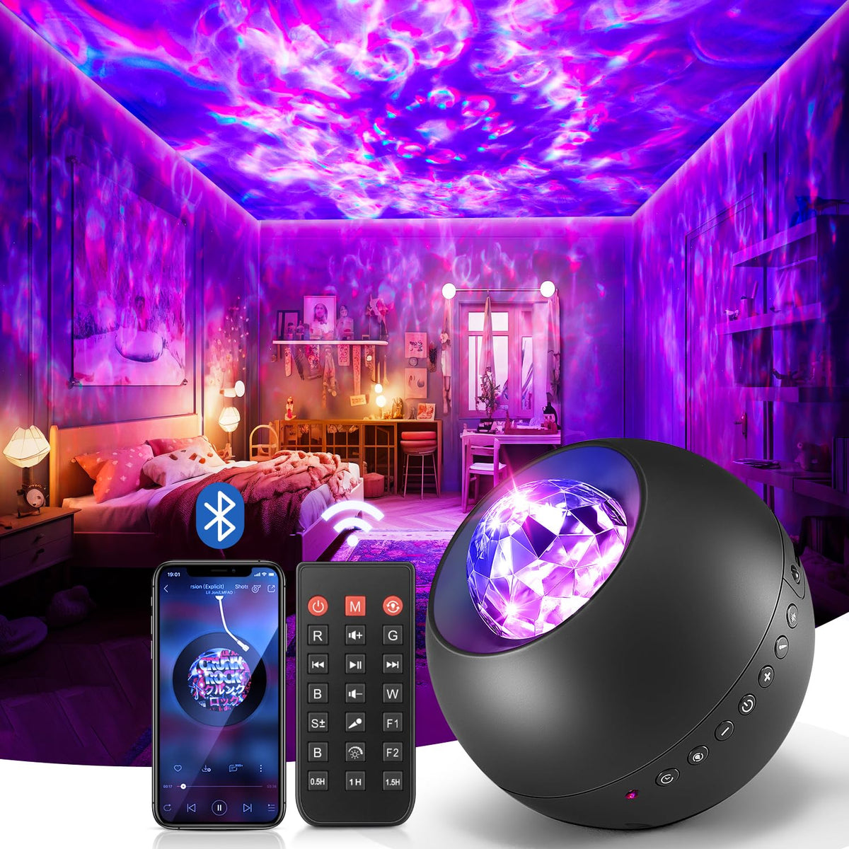 One Fire Galaxy Projector ceiling waves create immersive night-sky ambiance in bedrooms.